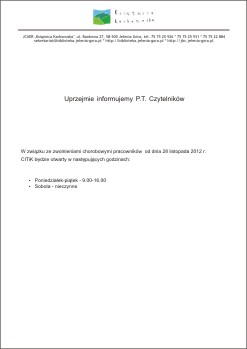 Zarzdzenie o zmianie godzin otwarcia CITiK